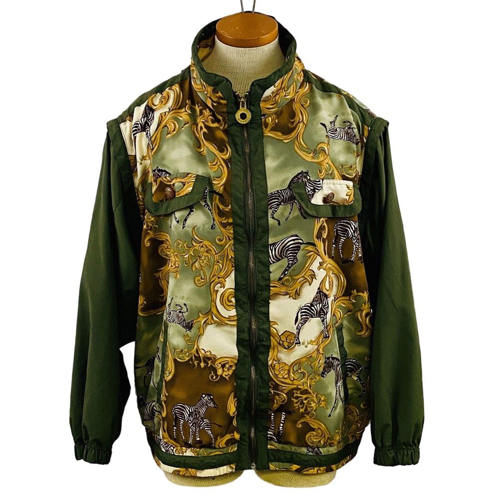 Vintage Womens L Mureli Windbreaker Jacket Zebra Green Zip Off Sleeves Vest